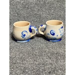 2 Vintage Blue on Grey Stoneware Handmade Salt Glaze Children’s Mug